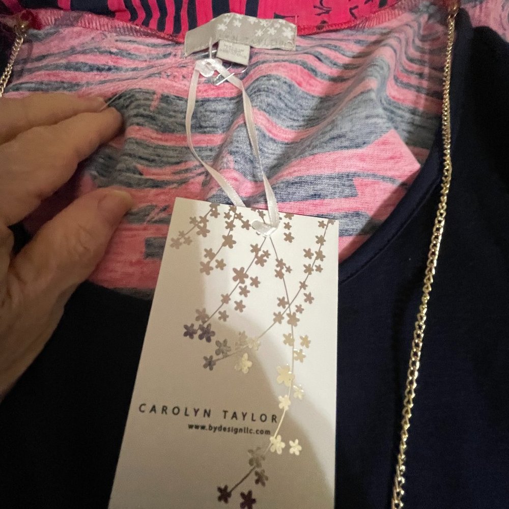 Carolyn Taylor Printed Short Sleeve W/ 2 Fer Solid Insert Top & Necklace… - Picture 12 of 14
